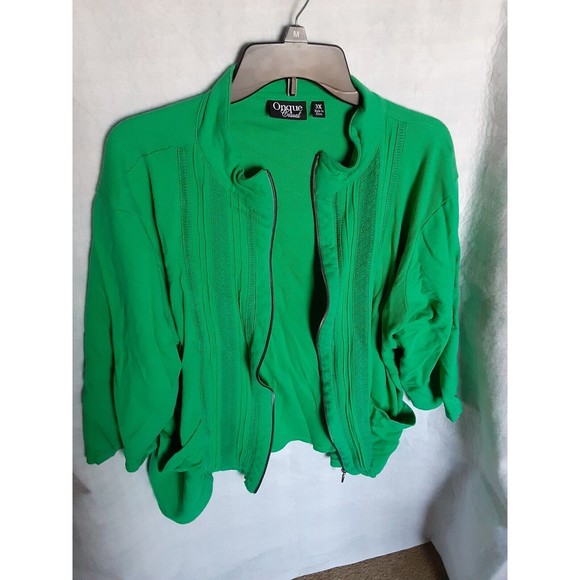 Onque Casual Womens Plus 3X Green Jacket -  Full Zip Pockets Embroidered Cotton! - Picture 1 of 10
